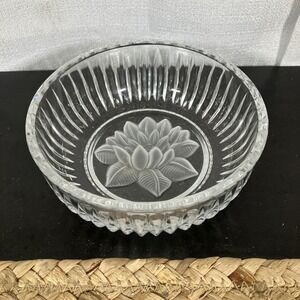 Lead Crystal Salad Bowl Frosted Lotus Flower Pattern 5"